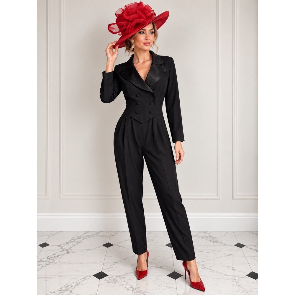 VTG Karen Alexander Jumpsuit US 10-12 Black Tuxedo Satin Lapel 80s USA Goth